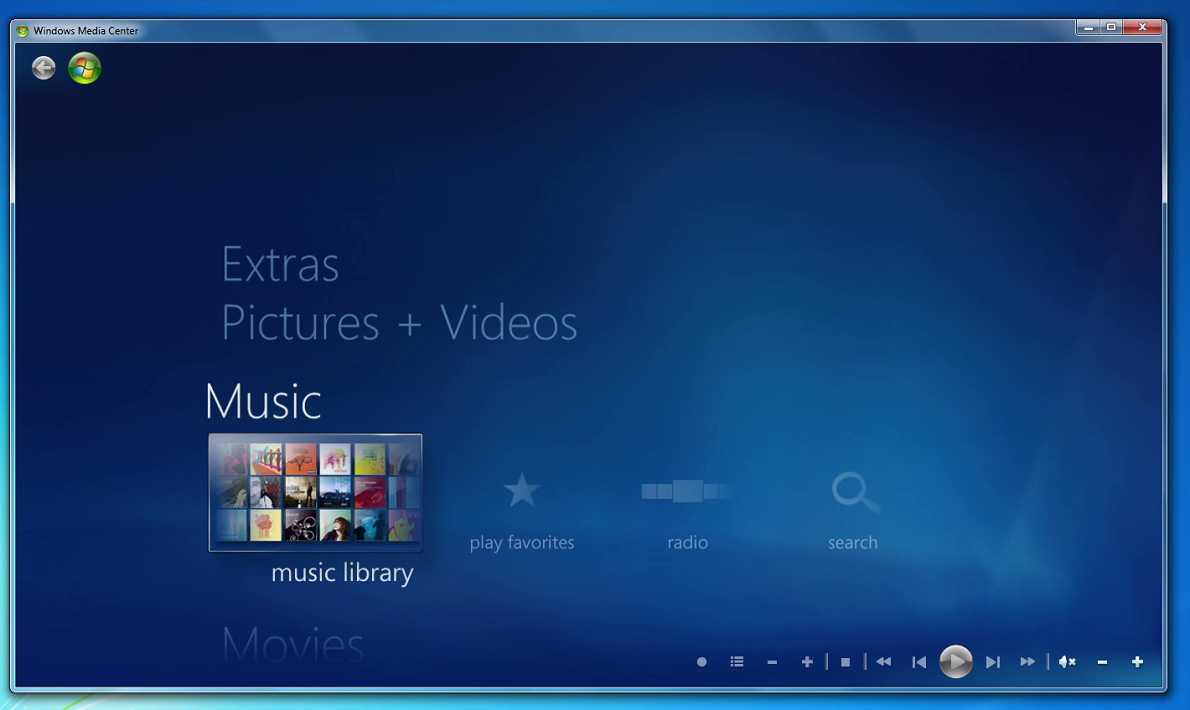 Original Windows Media Center Home Screen in Windows 7