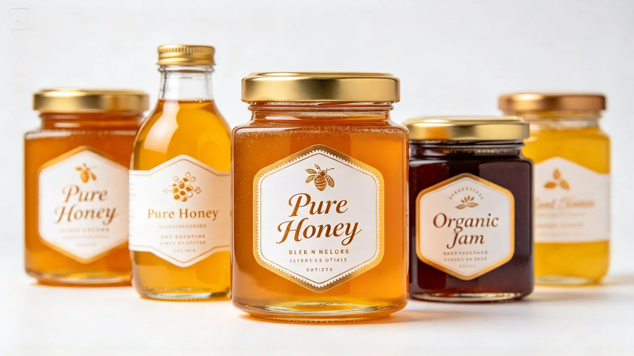 Honey and jam jars with gold lids in a product line mockup