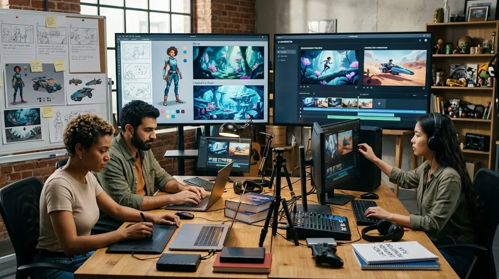 Indie developers editing app demo videos with AI generation tools on screen
