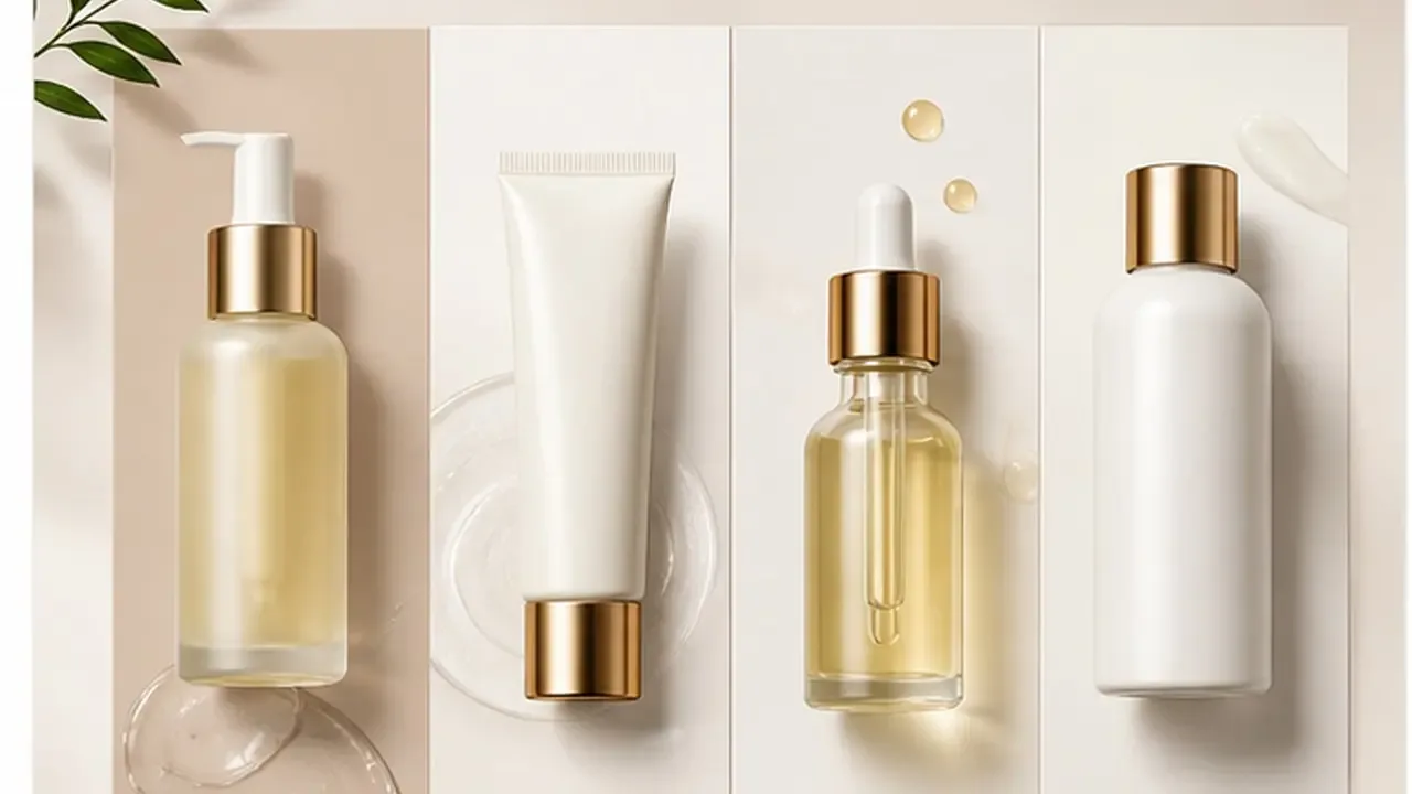 Skincare bottles and tubes in a packaging mockup