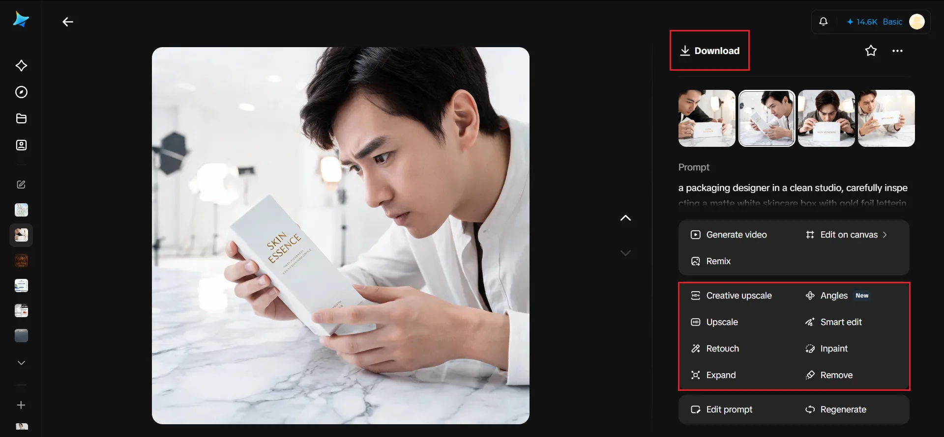 Dreamina's editing tools and download button for a generated image