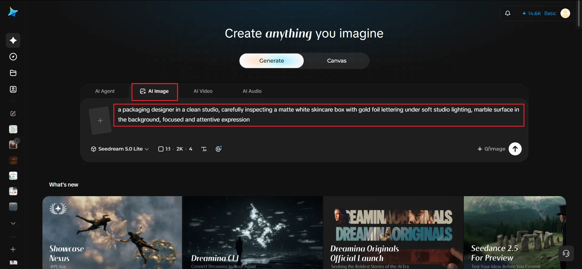 Packaging prompt entered in Dreamina's AI Image tab