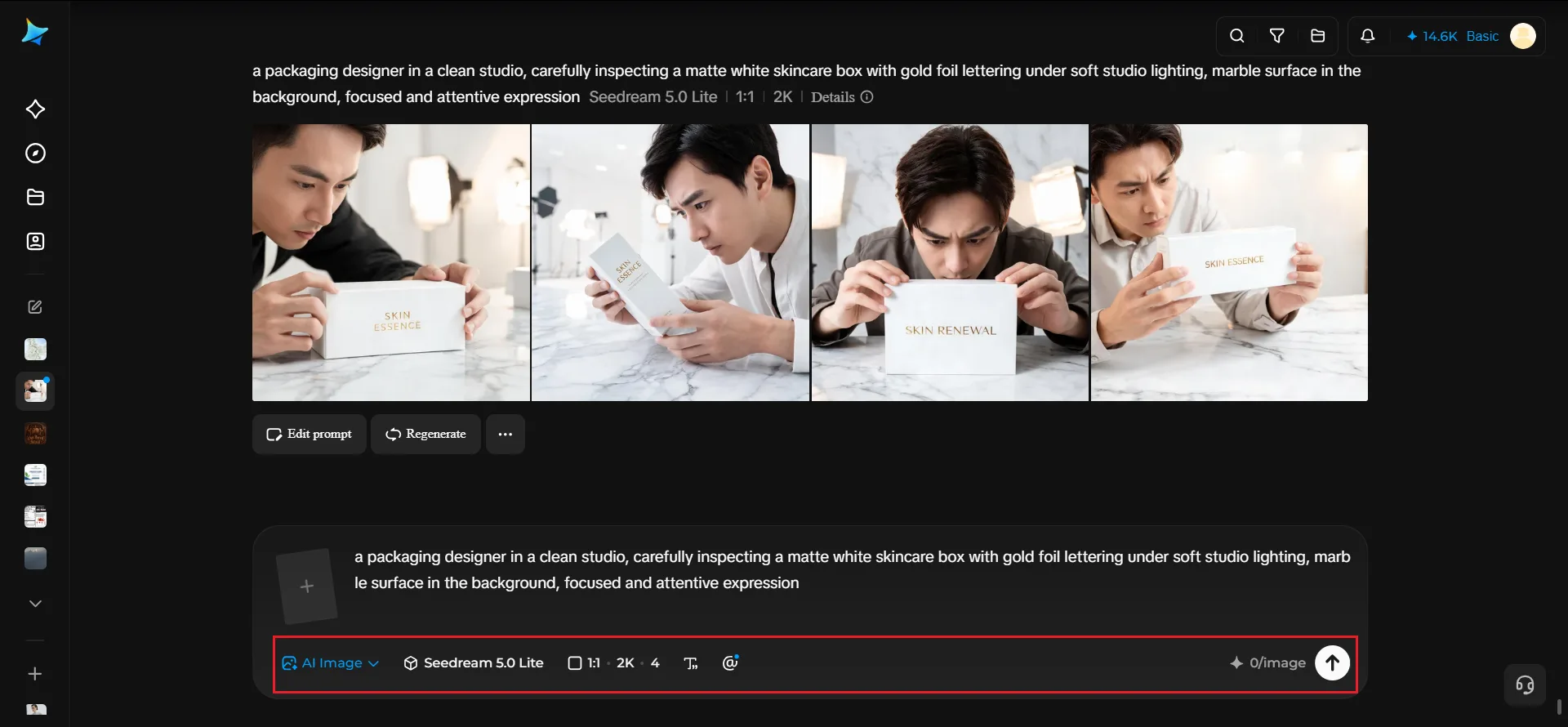 Four generated images of a designer inspecting a skincare box