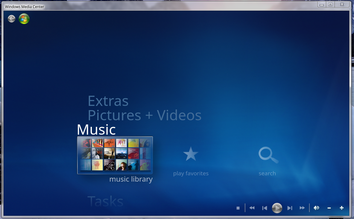 Windows Media Center Home Screen in Win7 Simu