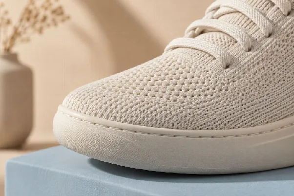 A close-up of a shoe's knit upper material